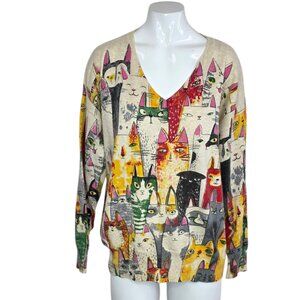 NESS Cat Print V-Neck Long Sleeve Shirt, Cartoon Cats, Allover, Size Large